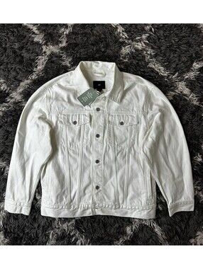NWT H&M Men's Large Denim Jacket Off-White Cream Trucker Jean Jacket Sustainable